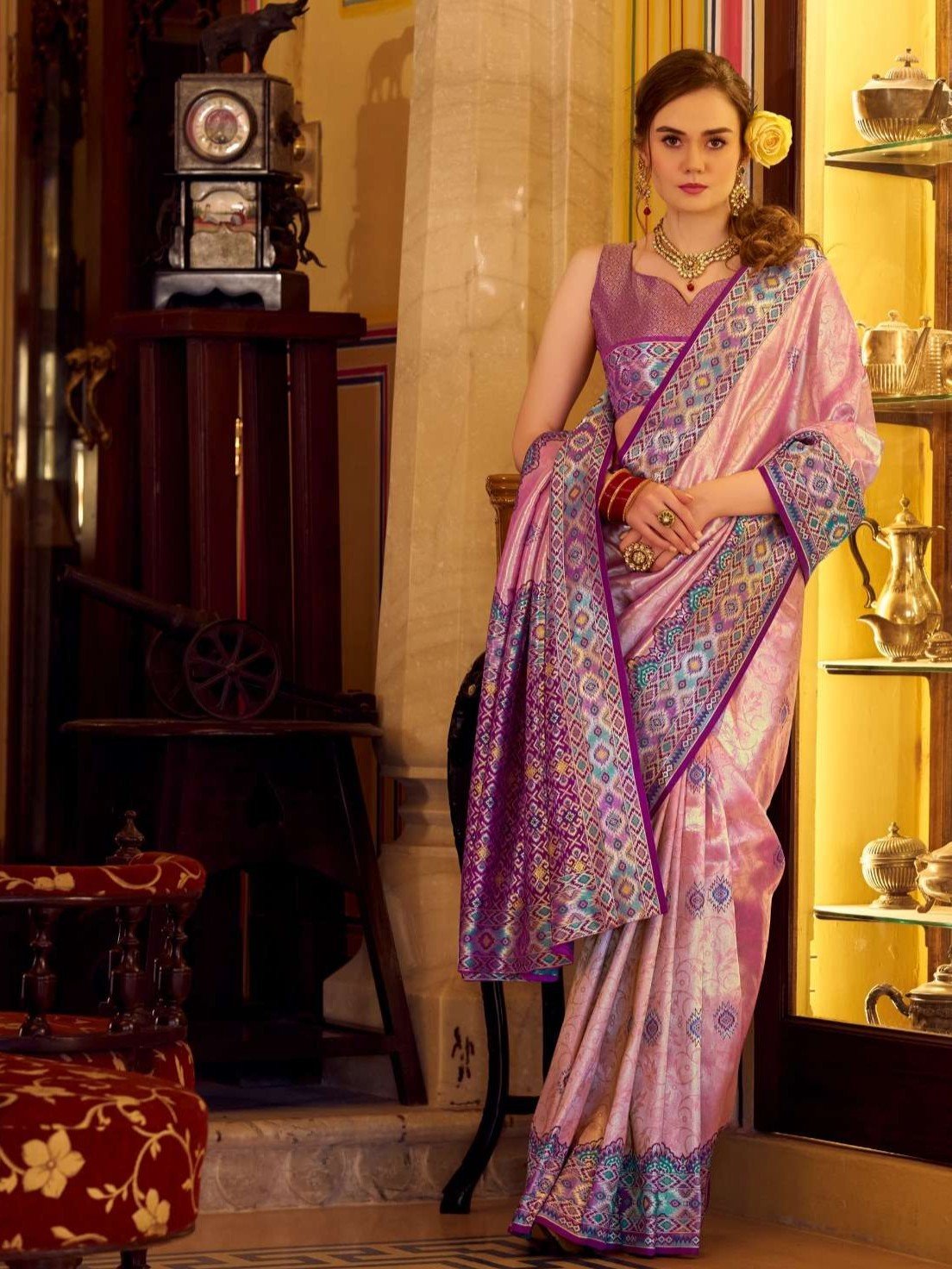 Enhance Your Shine with a Pink Tissue Patola Silk Saree and Stylish Blouse Piece