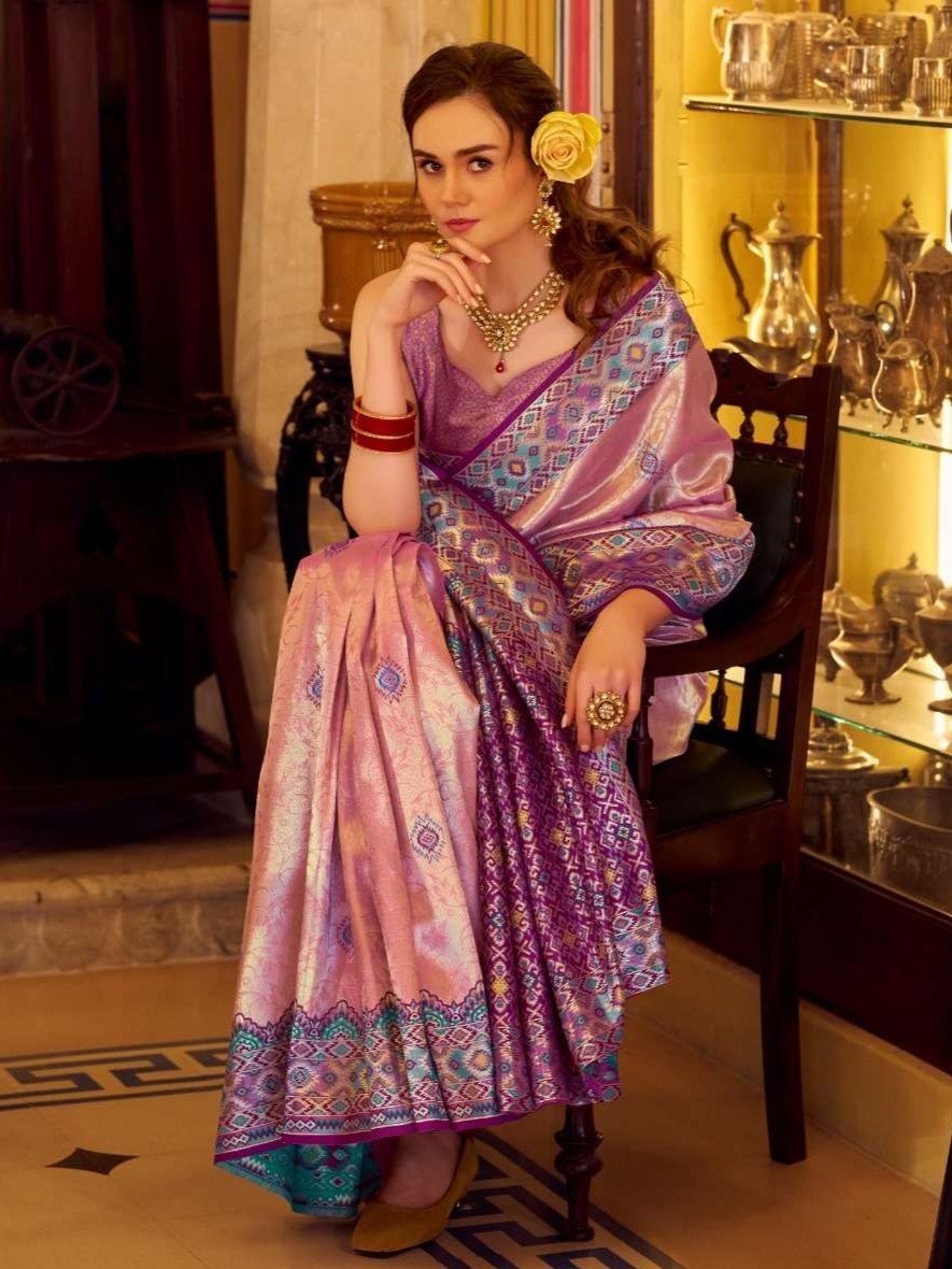 Enhance Your Shine with a Pink Tissue Patola Silk Saree and Stylish Blouse Piece image 2