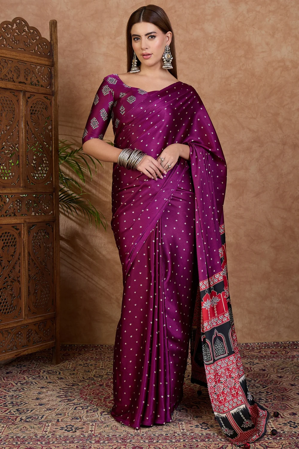 Look Stunning with a Purple Semi Modal Saree and Blouse Piece