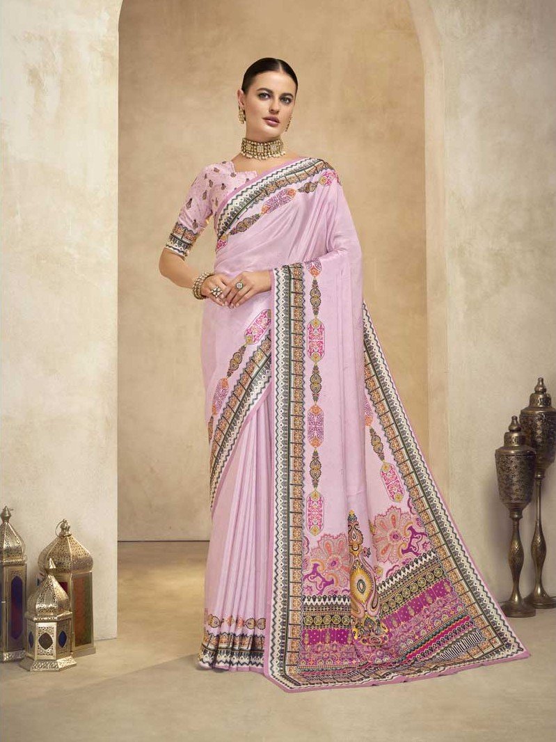 Enhance Your Look with a Pink Crape Saree and Blouse with Foil Print