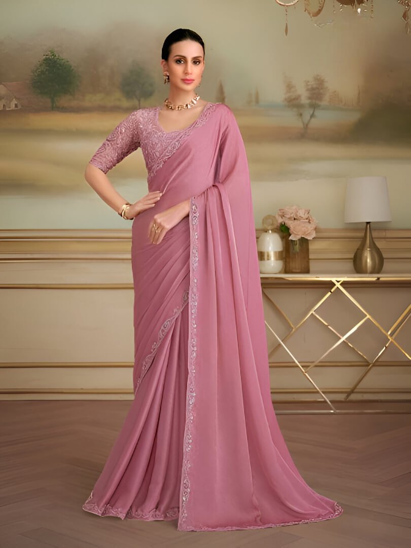 Improve Your Style with an Onion Pink Georgette Saree and a Contrast Blouse