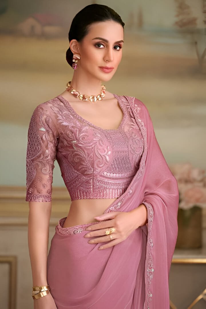 Improve Your Style with an Onion Pink Georgette Saree and a Contrast Blouse image 2