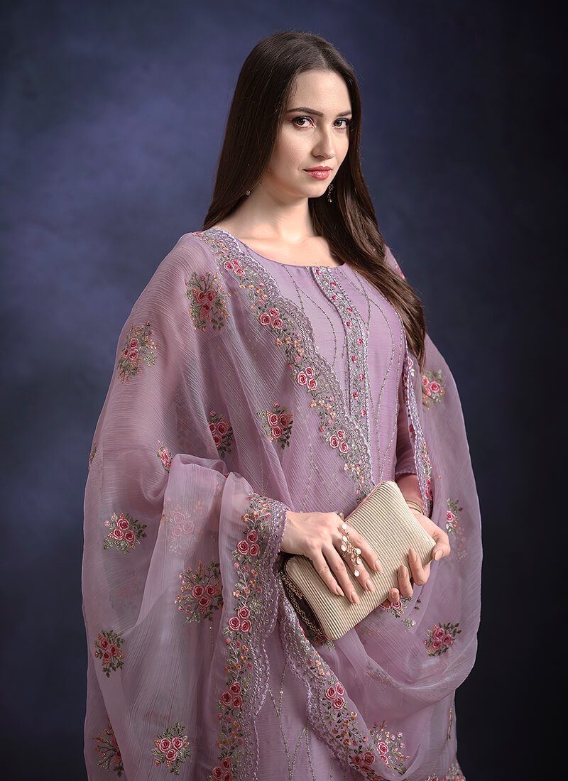 Look Stylish with Purple Embroidered Organza Chiffon Semi-Stitched Salwar Kameez Set image 2