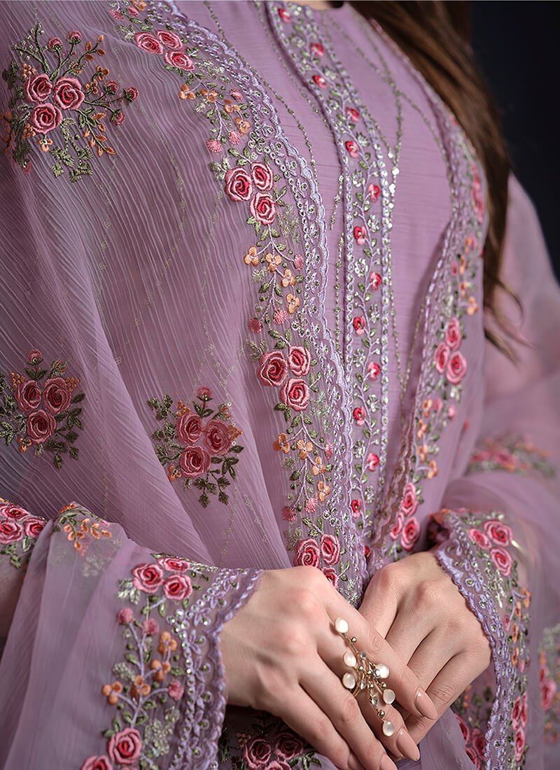 Look Stylish with Purple Embroidered Organza Chiffon Semi-Stitched Salwar Kameez Set image 3