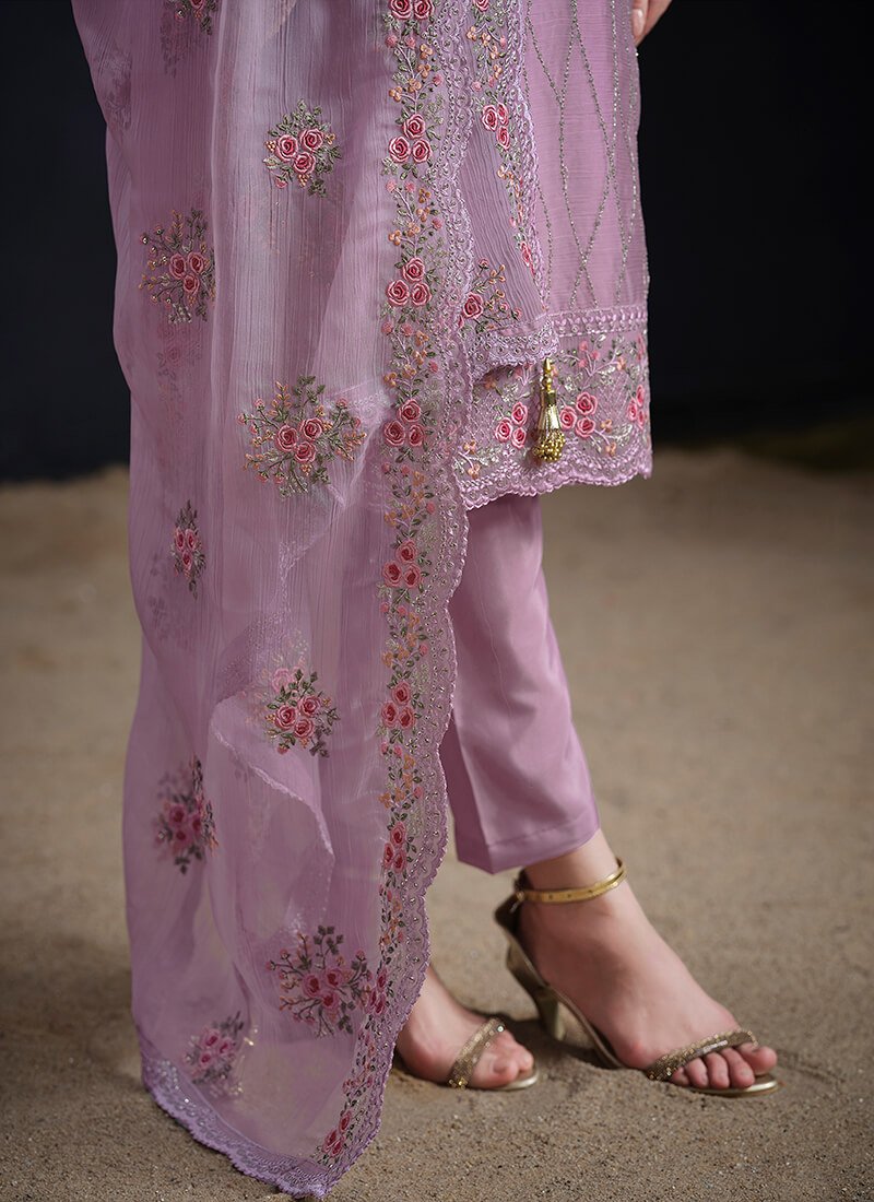 Look Stylish with Purple Embroidered Organza Chiffon Semi-Stitched Salwar Kameez Set image 4