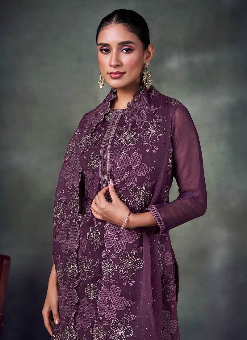 Look Stylish with a Purple Embroidered Chiffon Semi-Stitched Salwar Kameez Set image 2