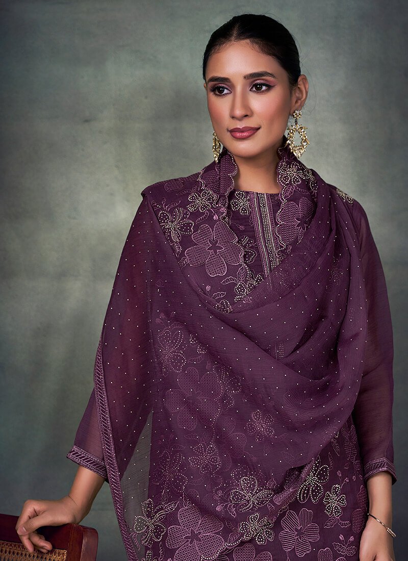 Look Stylish with a Purple Embroidered Chiffon Semi-Stitched Salwar Kameez Set image 3