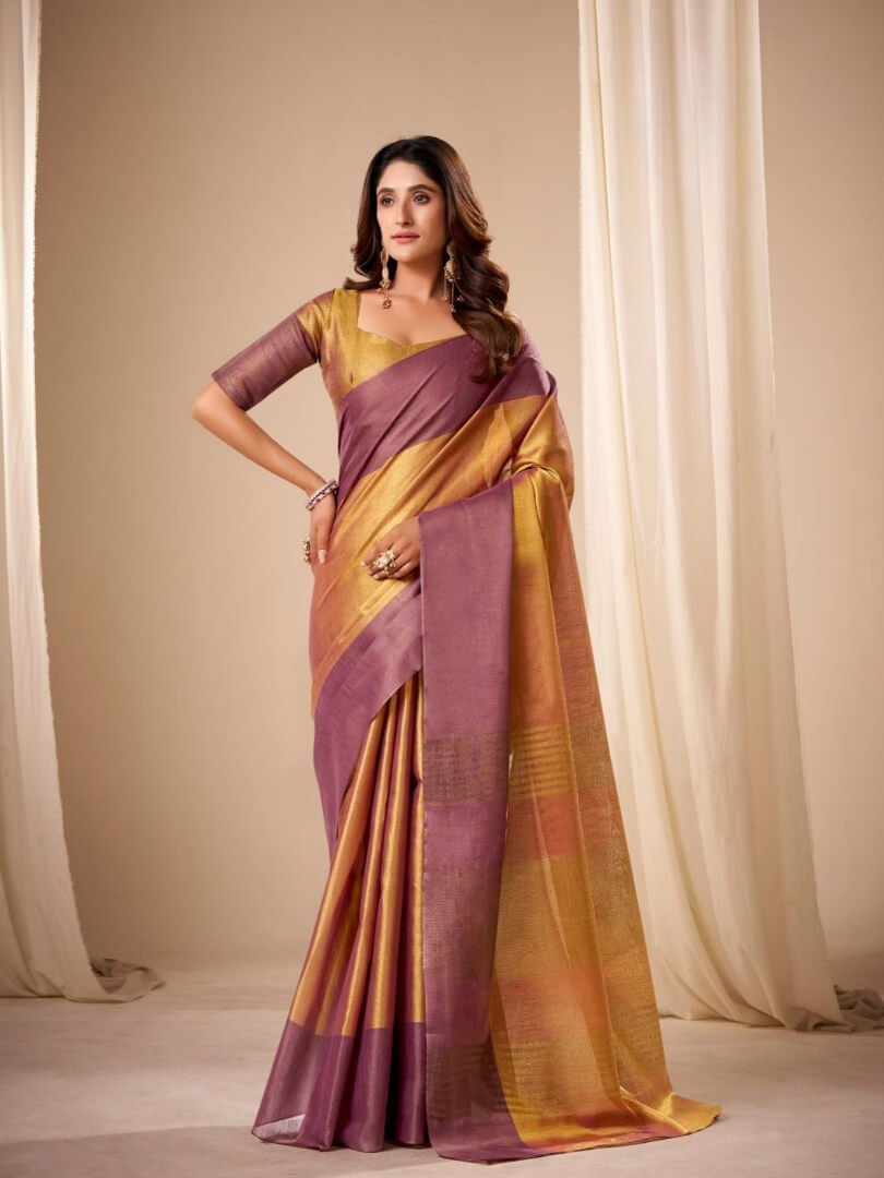 Shine Bright in a Yellow Handloom Trombone Tissue Silk Saree with Matching Blouse Piece