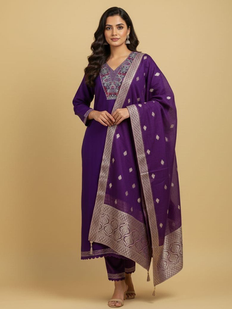 Upgrade your style with a Purple Roman Silk Suit Set featuring embroidery and a Chanderi Zacquard Dupatta.