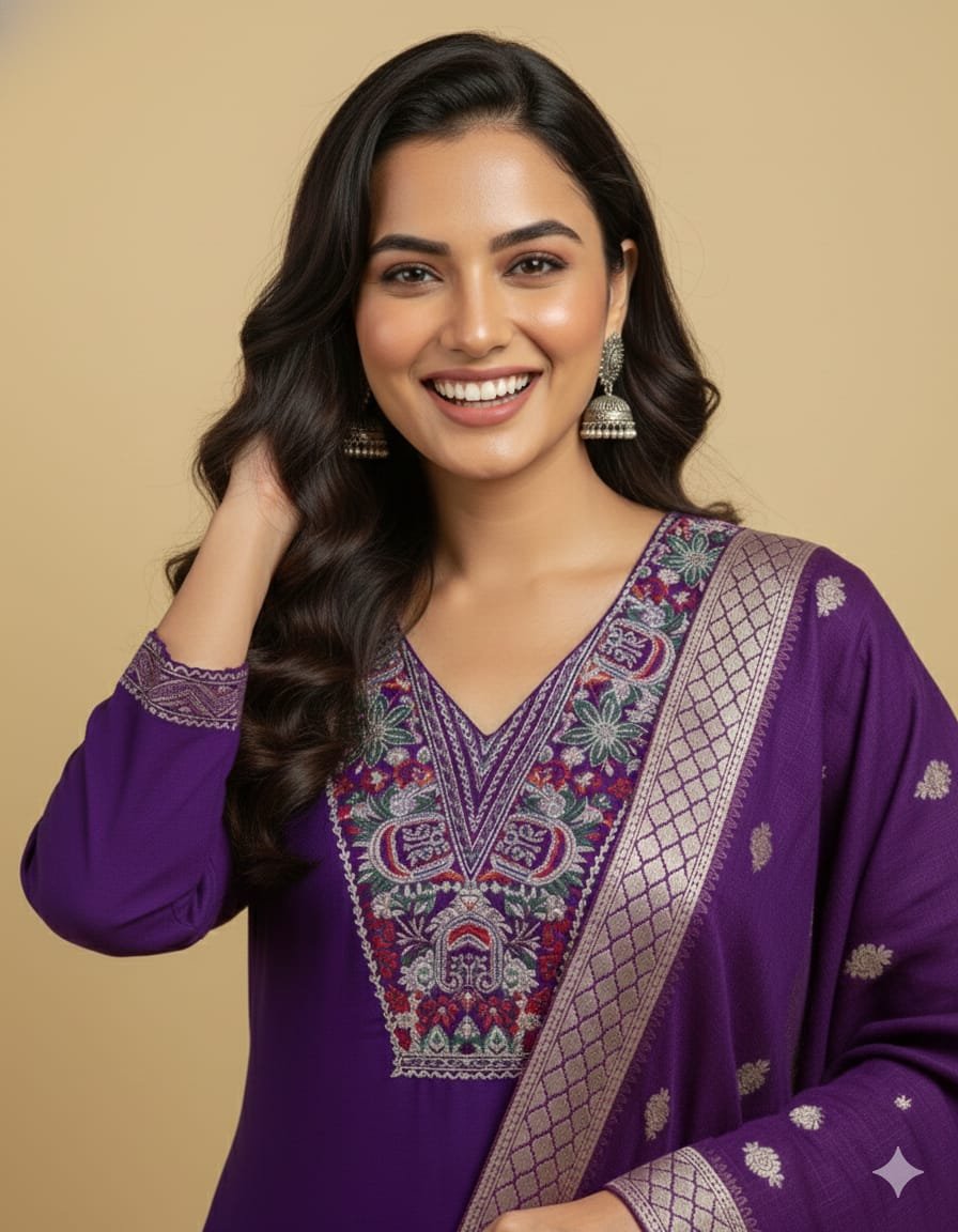 Upgrade your style with a Purple Roman Silk Suit Set featuring embroidery and a Chanderi Zacquard Dupatta. image 2