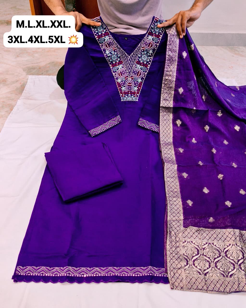 Upgrade your style with a Purple Roman Silk Suit Set featuring embroidery and a Chanderi Zacquard Dupatta. image 3