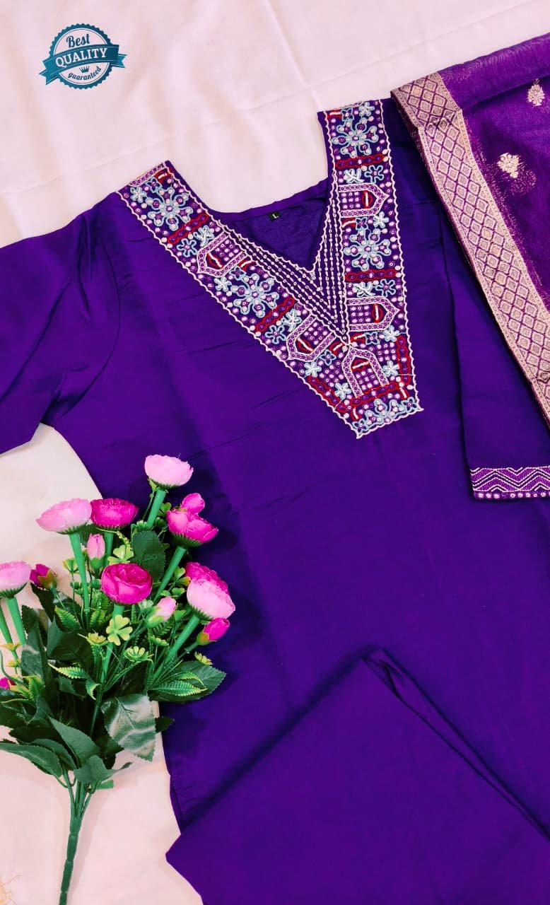 Upgrade your style with a Purple Roman Silk Suit Set featuring embroidery and a Chanderi Zacquard Dupatta. image 4