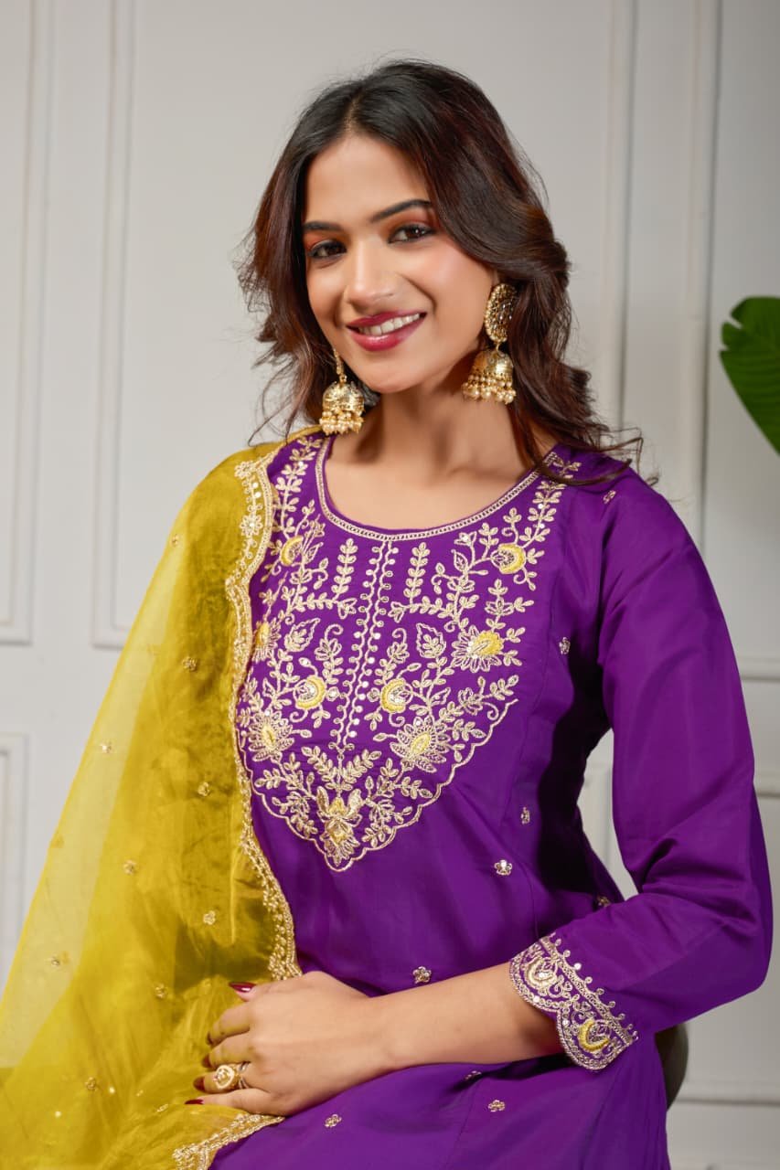 Upgrade your style with a Purple Roman Silk Anarkali Suit and a contrasting Organza Dupatta. image 2