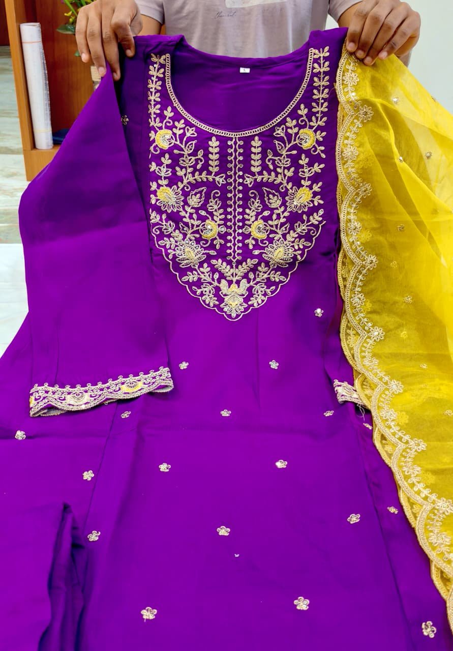 Upgrade your style with a Purple Roman Silk Anarkali Suit and a contrasting Organza Dupatta. image 4