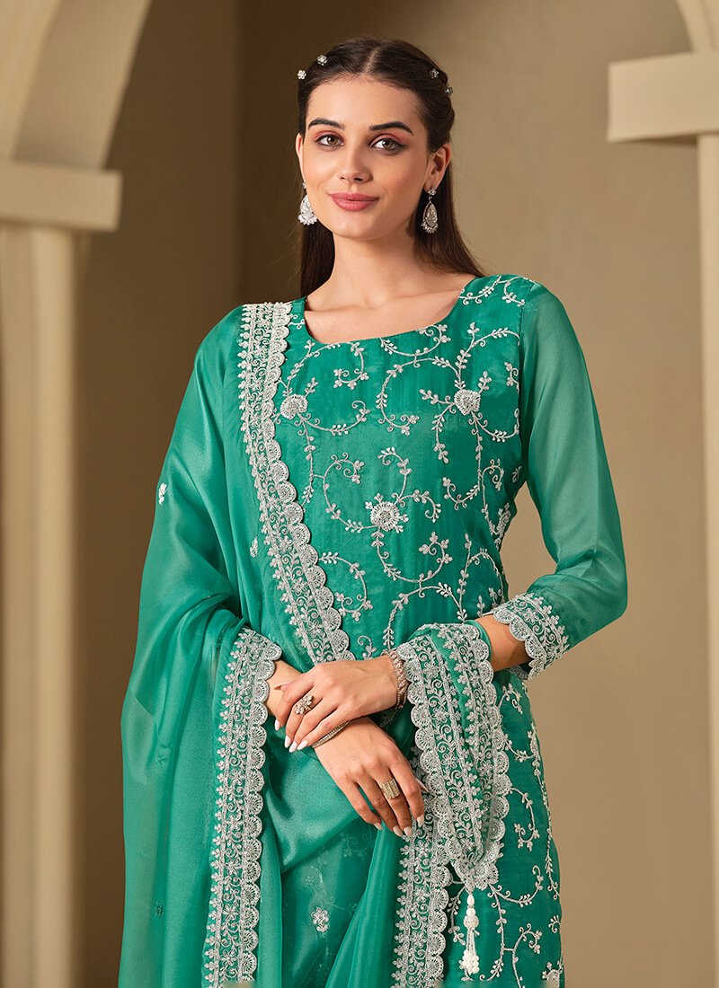Brighten your look with the Rama Green Embroidered Swarovski Organza Semi-Stitched Salwar Kameez Set. image 2