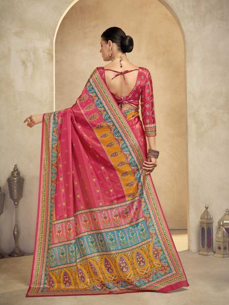 Improve your style with a bright pink crape saree with foil print and matching blouse. image 2