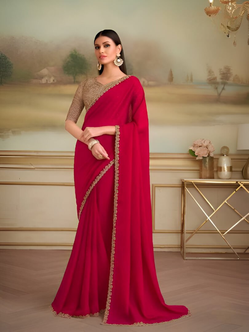 Look Elegant in a Cherry Red Georgette Saree with a Contrasting Blouse