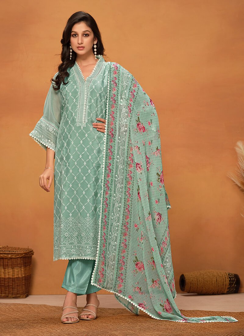 Feel fabulous in a Sea Green Chikankari Viscose Organza Semi-Stitched Salwar Kameez Set.