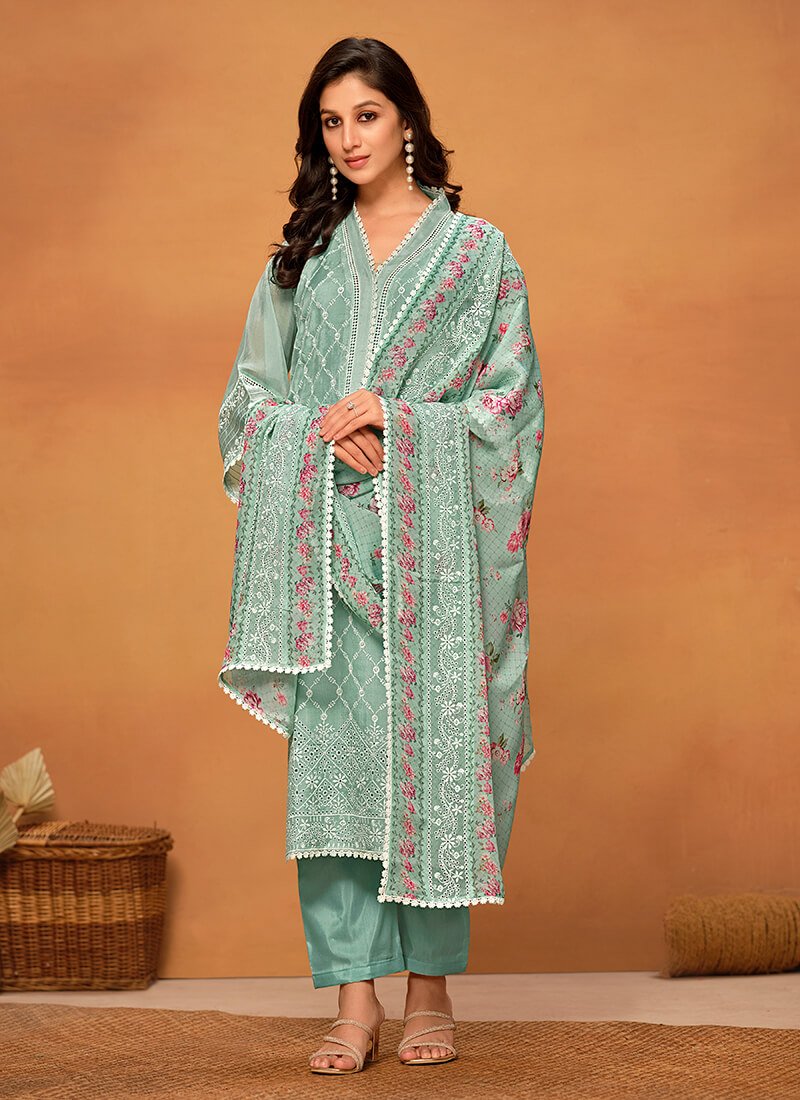 Feel fabulous in a Sea Green Chikankari Viscose Organza Semi-Stitched Salwar Kameez Set. image 2