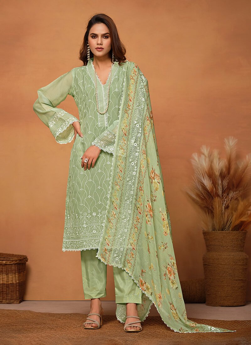 Feel fabulous in a Sea Green Chikankari Viscose Organza Semi-Stitched Salwar Kameez Set. image 4