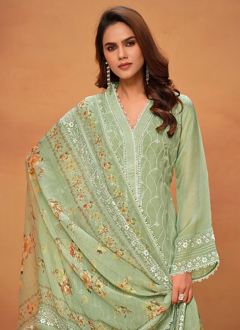 Get Ready to Shine with the Sea Green Chikankari Viscose Organza Semi-Stitched Salwar Kameez Set image 2