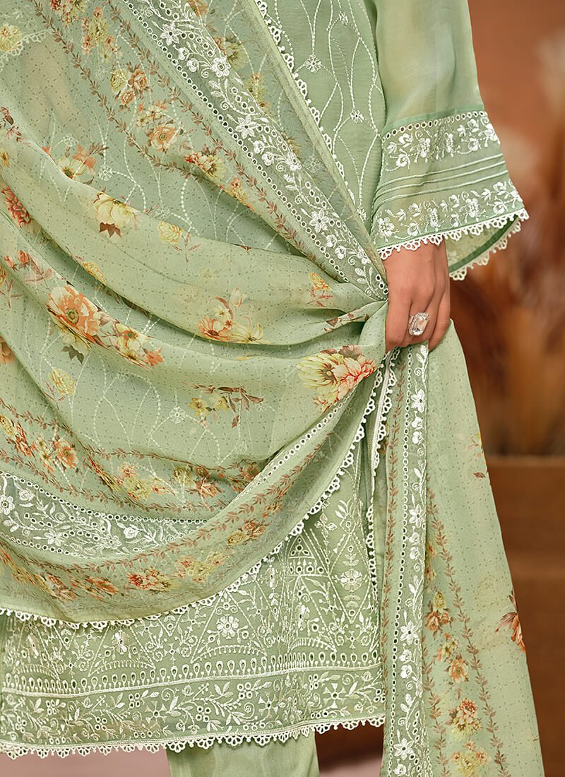 Get Ready to Shine with the Sea Green Chikankari Viscose Organza Semi-Stitched Salwar Kameez Set image 3