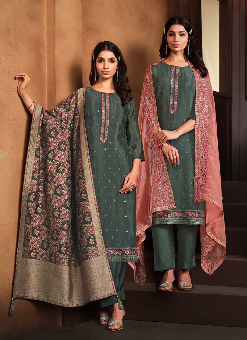 Shine Bright in a Sea Green Embroidered Chinnon Semi-Stitched Salwar Kameez Set with Double Dupatta