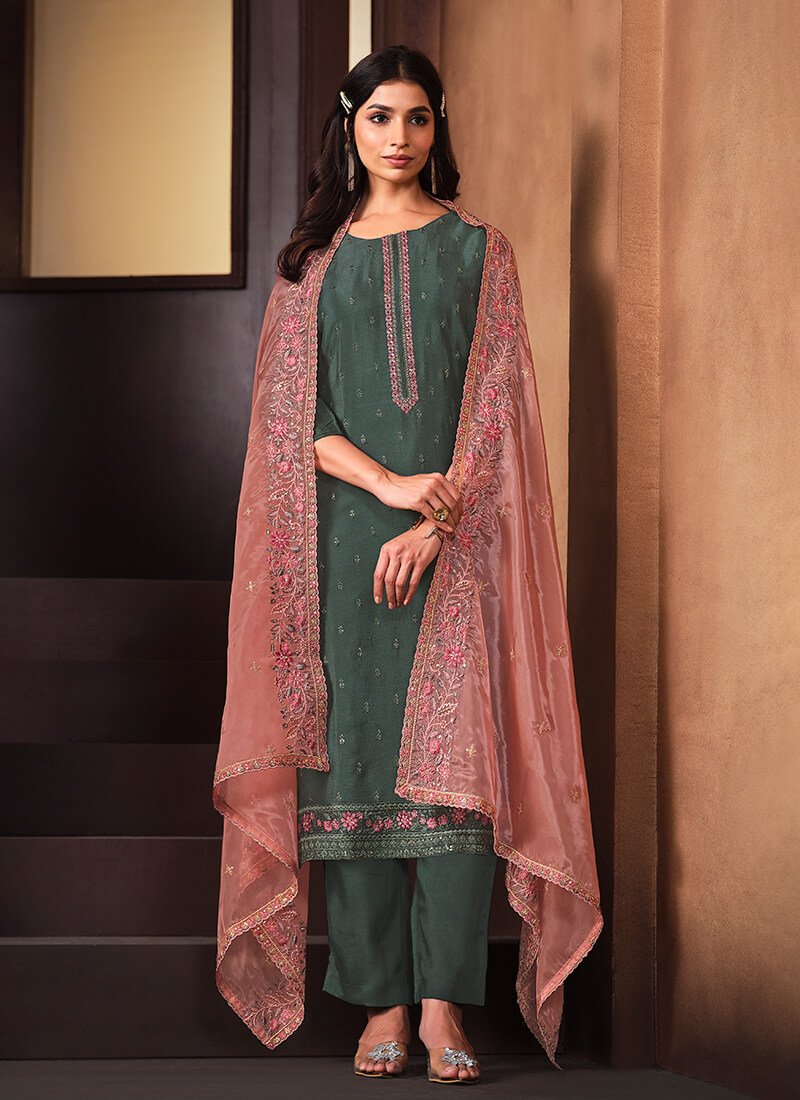 Shine Bright in a Sea Green Embroidered Chinnon Semi-Stitched Salwar Kameez Set with Double Dupatta image 2