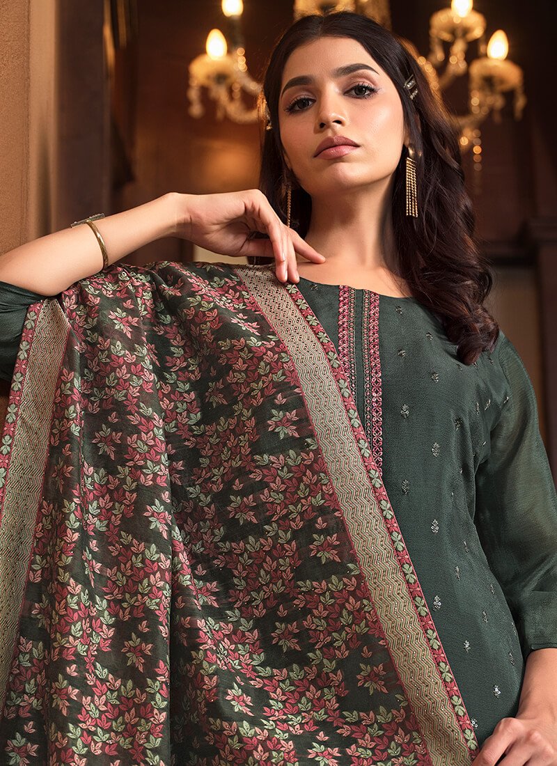 Shine Bright in a Sea Green Embroidered Chinnon Semi-Stitched Salwar Kameez Set with Double Dupatta image 3