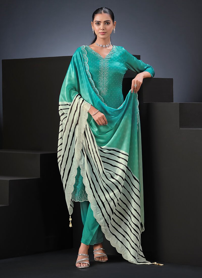 Look Beautiful in a Sea Green Satin Semi-Stitched Salwar Kameez Set