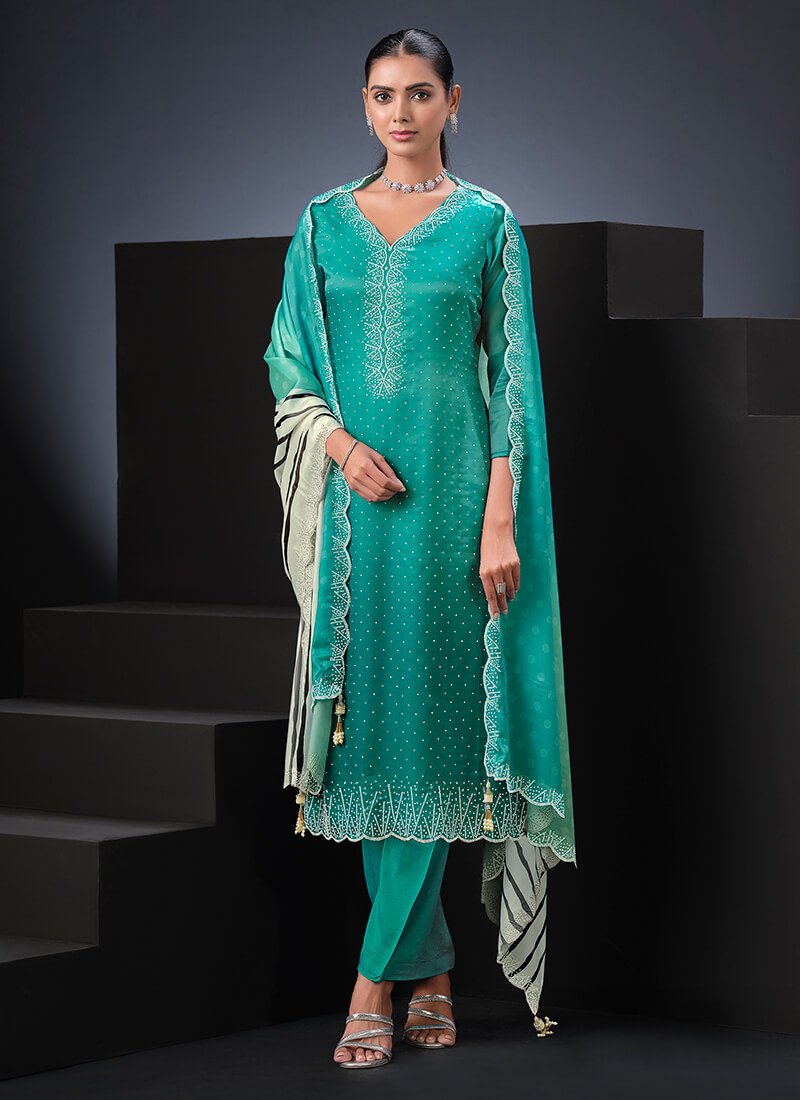 Look Beautiful in a Sea Green Satin Semi-Stitched Salwar Kameez Set image 2