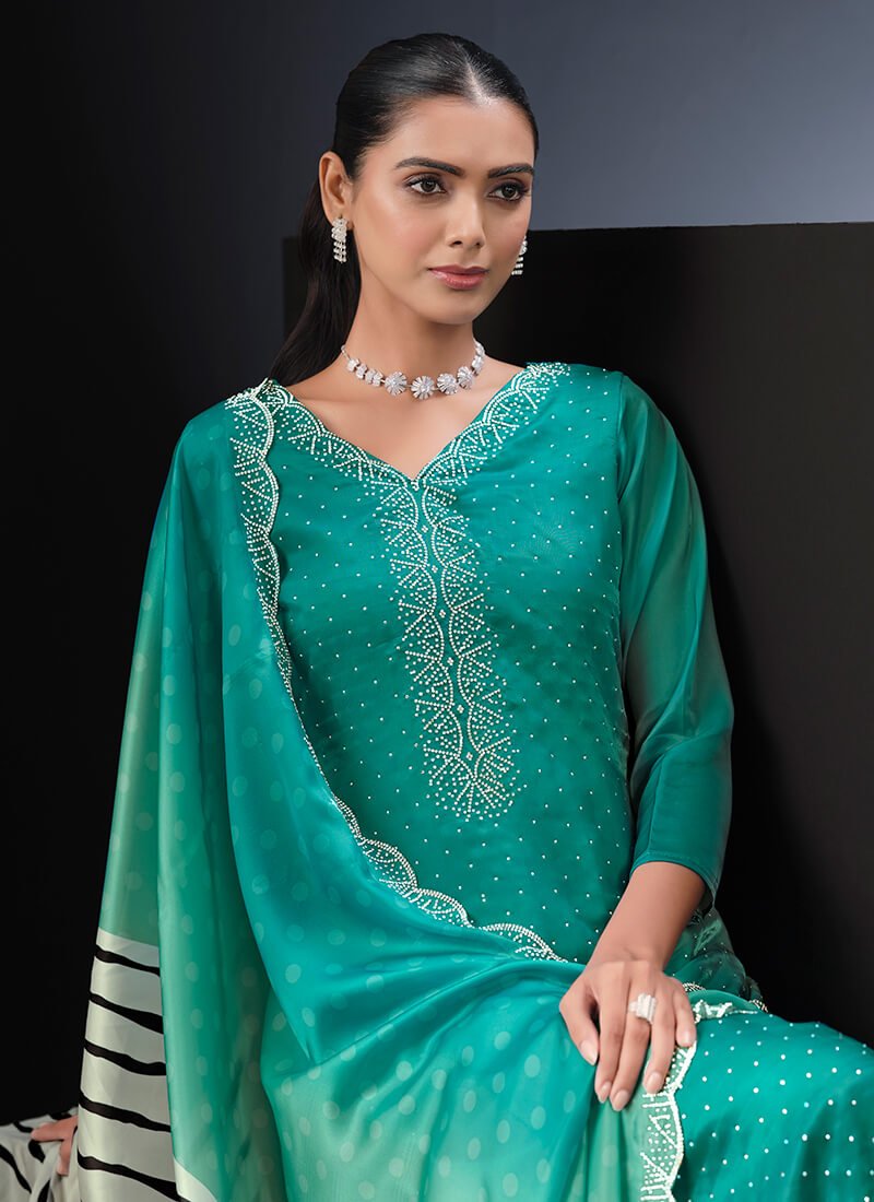 Look Beautiful in a Sea Green Satin Semi-Stitched Salwar Kameez Set image 3