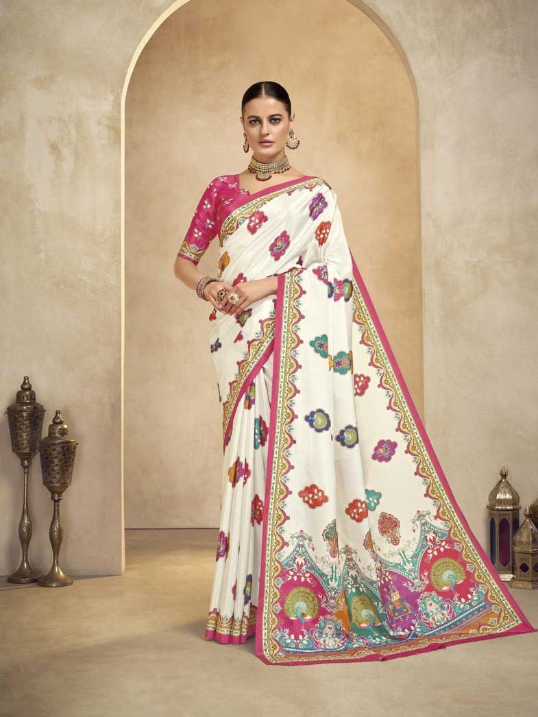Look Stunning in an Ivory Crape Saree with Foil Print and Blouse