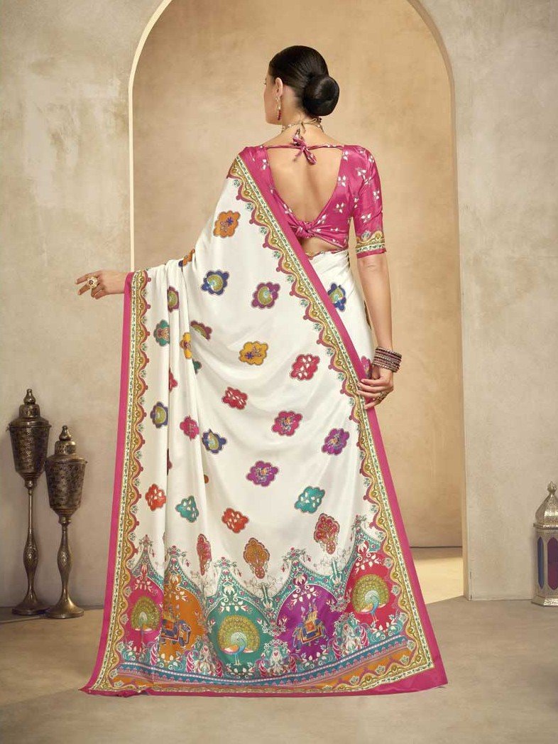 Look Stunning in an Ivory Crape Saree with Foil Print and Blouse image 2