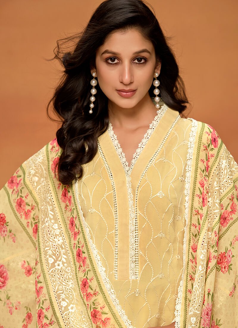 Experience the elegance of the Yellow Chikankari Viscose Organza Semi-Stitched Salwar Kameez Set. image 3