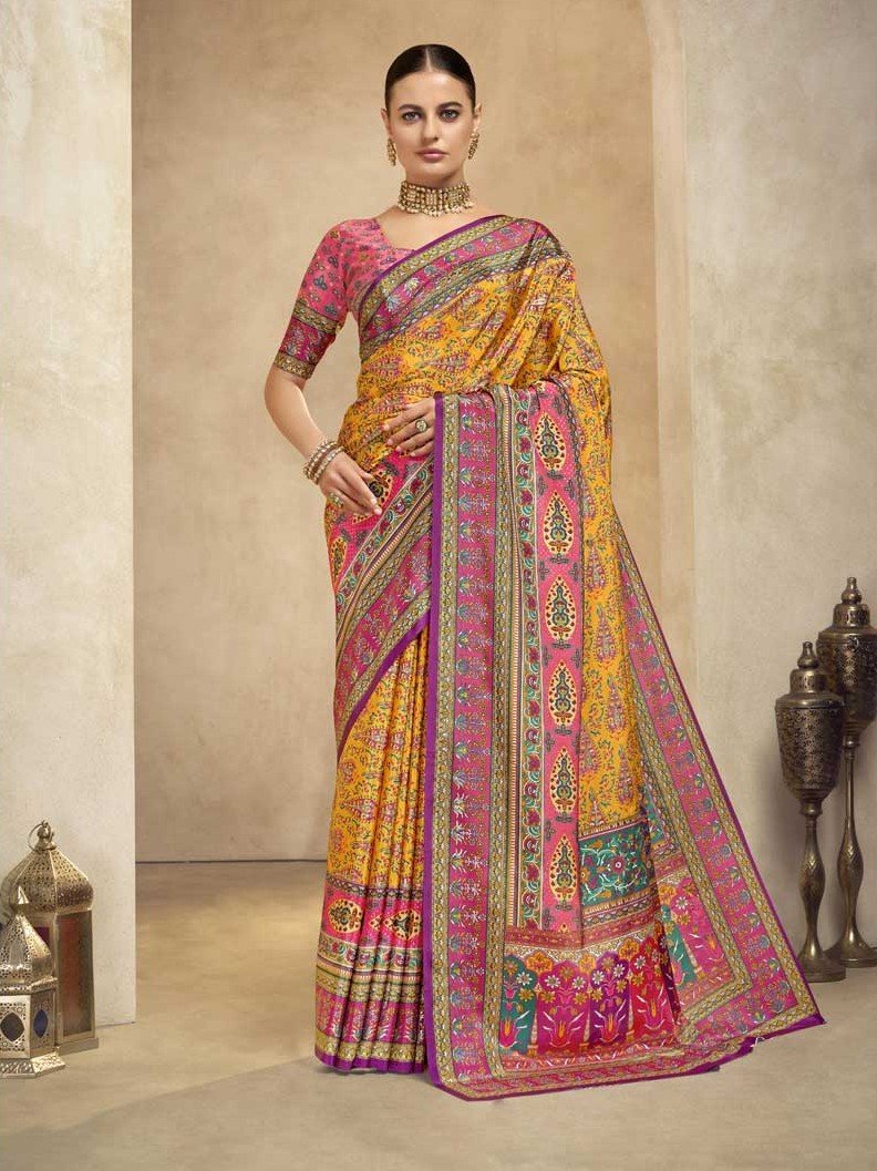 Enhance Your Glow with a Yellow Crape Saree and Blouse with Foil Print