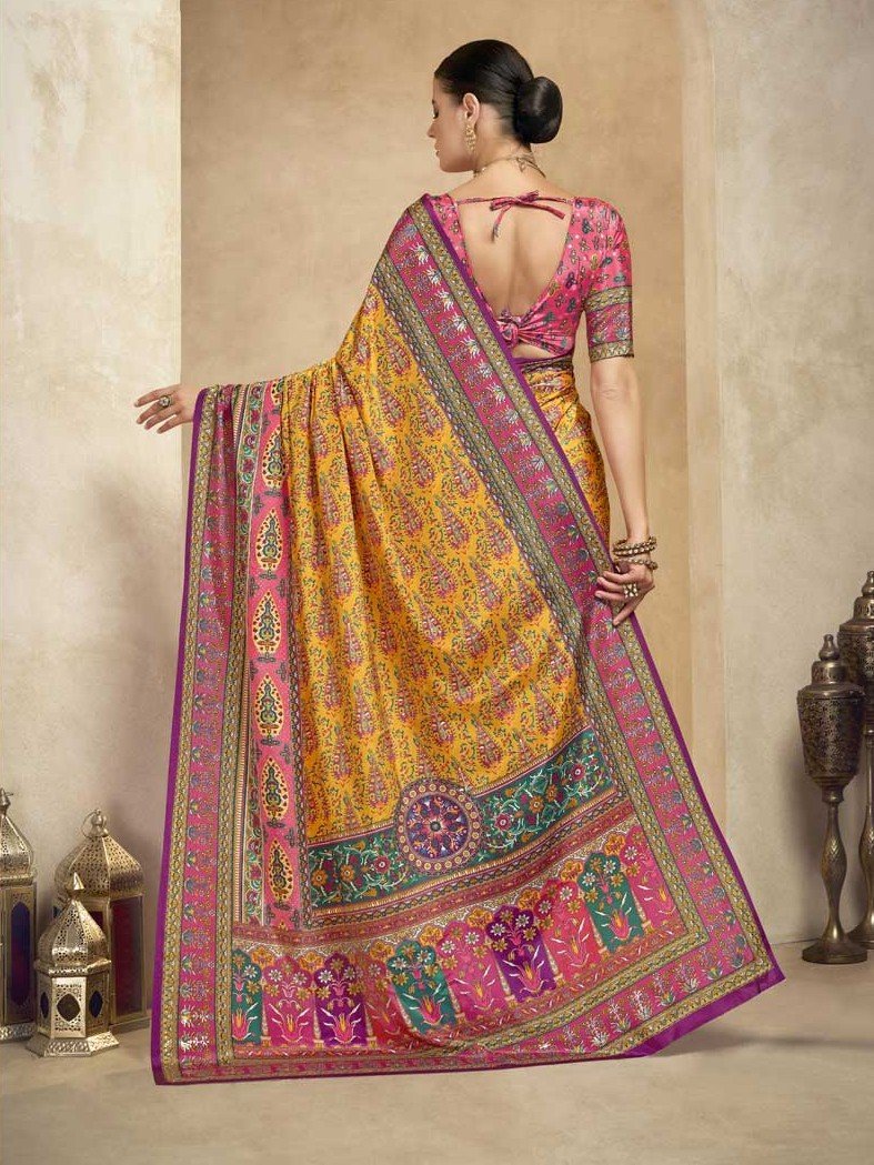 Enhance Your Glow with a Yellow Crape Saree and Blouse with Foil Print image 2