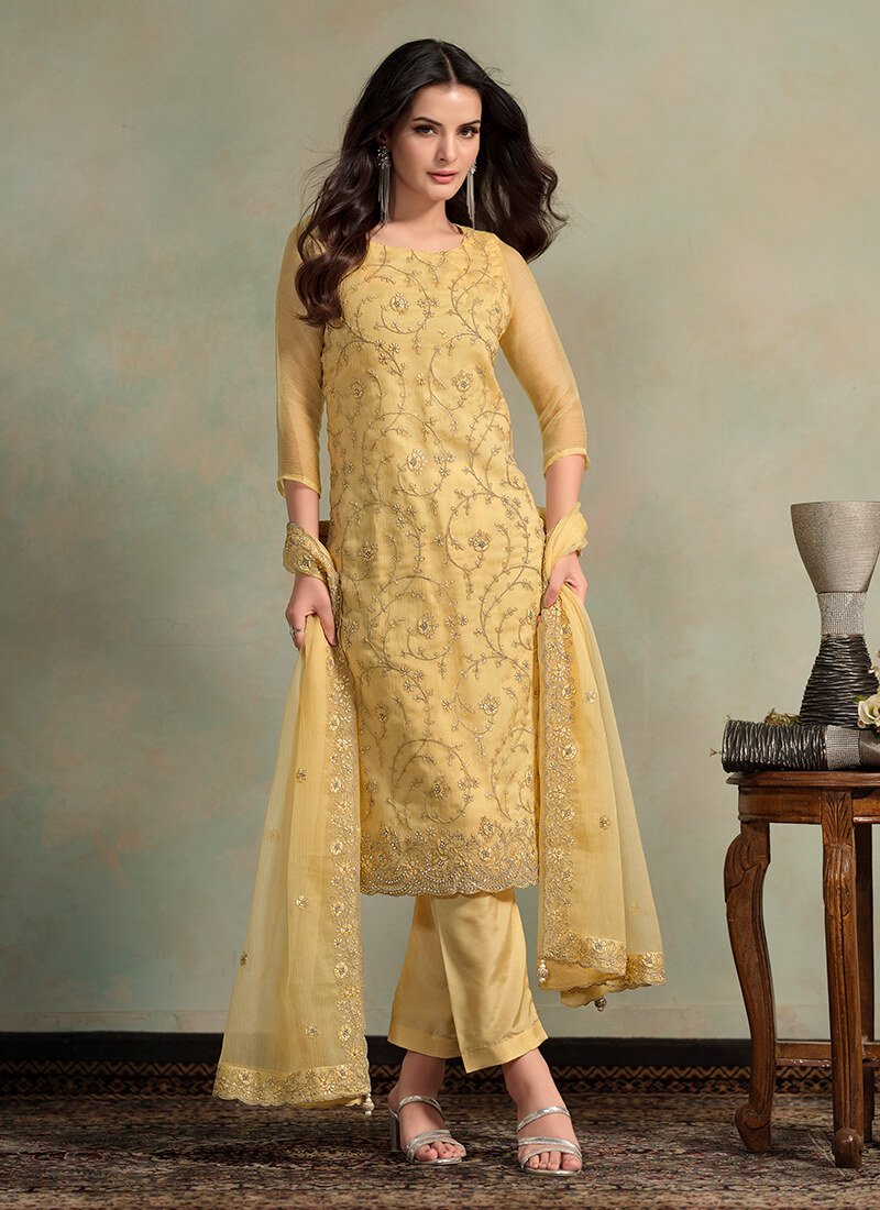 Add Shine to Your Style with a Yellow Embroidered Organza Chiffon Semi-Stitched Salwar Kameez Set