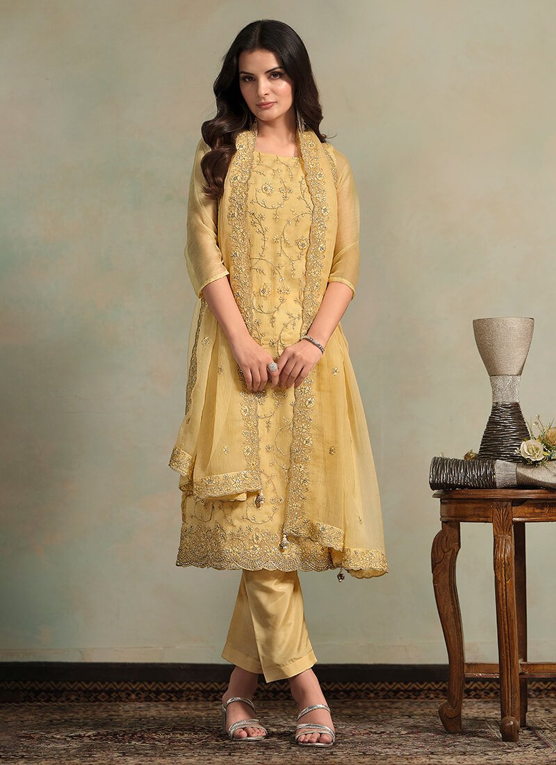 Add Shine to Your Style with a Yellow Embroidered Organza Chiffon Semi-Stitched Salwar Kameez Set image 2