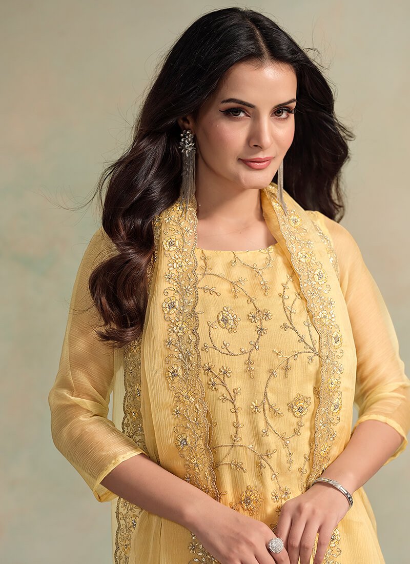 Add Shine to Your Style with a Yellow Embroidered Organza Chiffon Semi-Stitched Salwar Kameez Set image 3