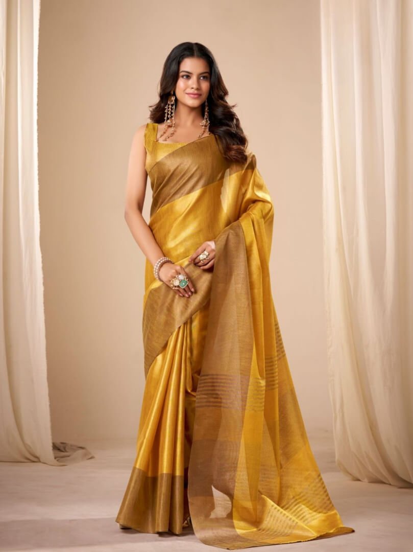 Shine Bright with Fenugreek Yellow Handloom Tissue Silk Saree and Matching Blouse Piece