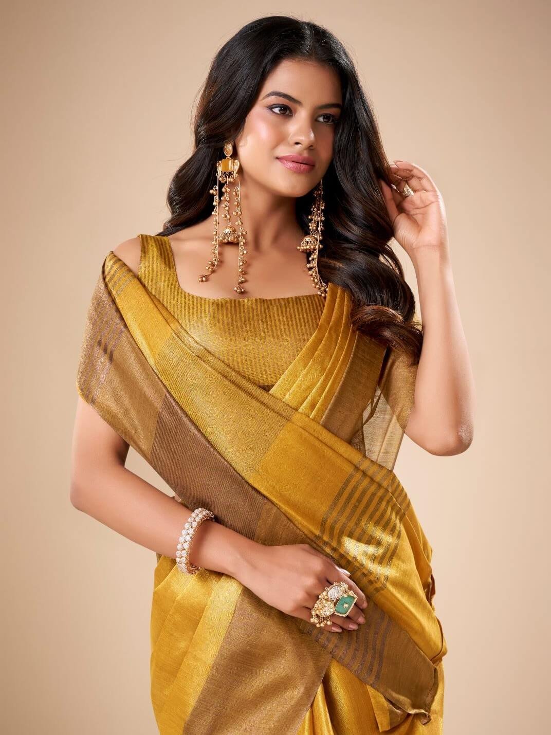 Shine Bright with Fenugreek Yellow Handloom Tissue Silk Saree and Matching Blouse Piece image 2