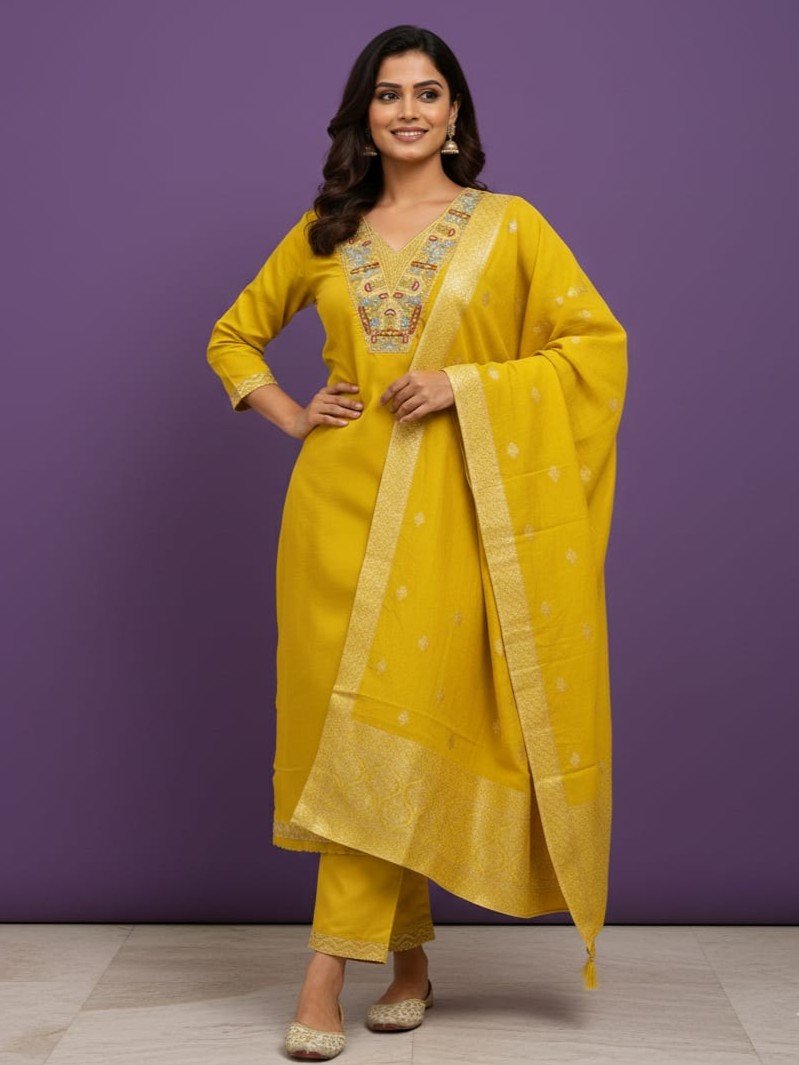 Shine in Style with a Yellow Roman Silk Embroidered Suit Set and Chanderi Zacquard Dupatta