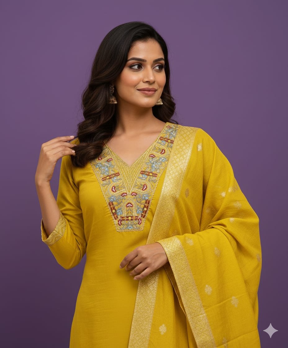 Shine in Style with a Yellow Roman Silk Embroidered Suit Set and Chanderi Zacquard Dupatta image 2