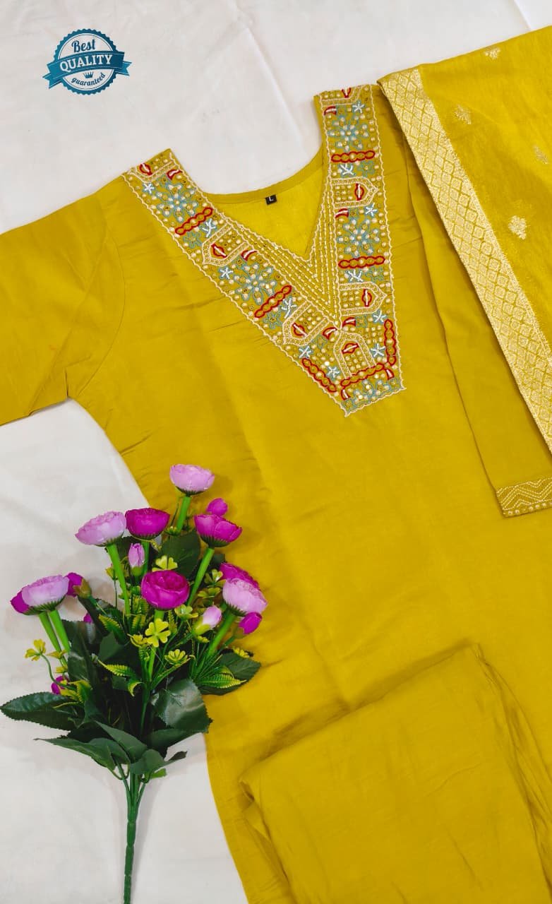 Shine in Style with a Yellow Roman Silk Embroidered Suit Set and Chanderi Zacquard Dupatta image 4