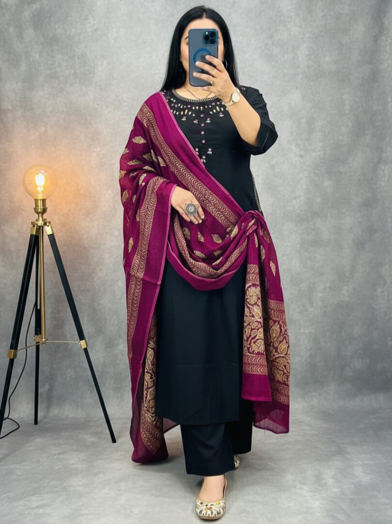 Get Ready to Shine with a Black Cotton Kurti, Pants, and Printed Mulmul Dupatta