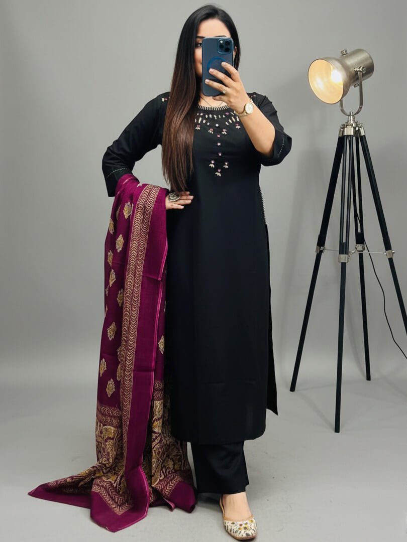 Get Ready to Shine with a Black Cotton Kurti, Pants, and Printed Mulmul Dupatta image 2