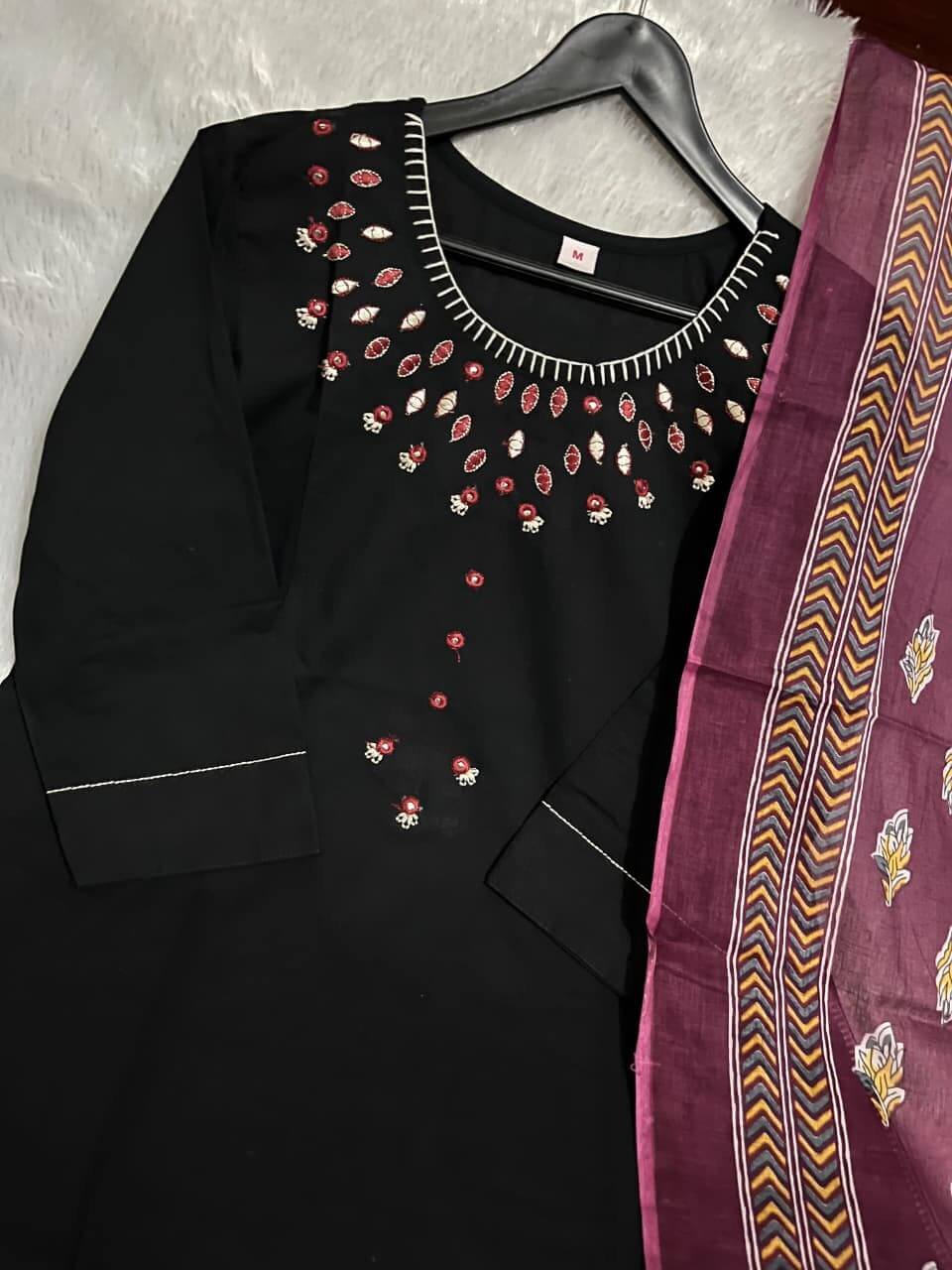 Get Ready to Shine with a Black Cotton Kurti, Pants, and Printed Mulmul Dupatta image 4