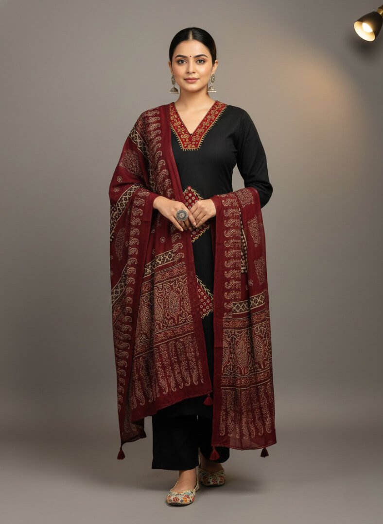 Add Shine to Your Style with a Black Cotton Kurti with Mirror Work, Pants, and a Maroon Printed Scarf.