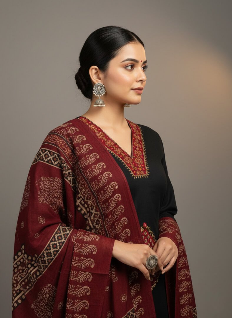 Add Shine to Your Style with a Black Cotton Kurti with Mirror Work, Pants, and a Maroon Printed Scarf. image 2